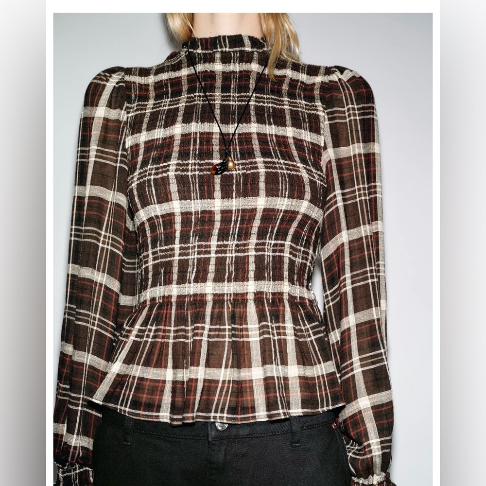ZARA Plaid Smocked Blouse – XS – NWT